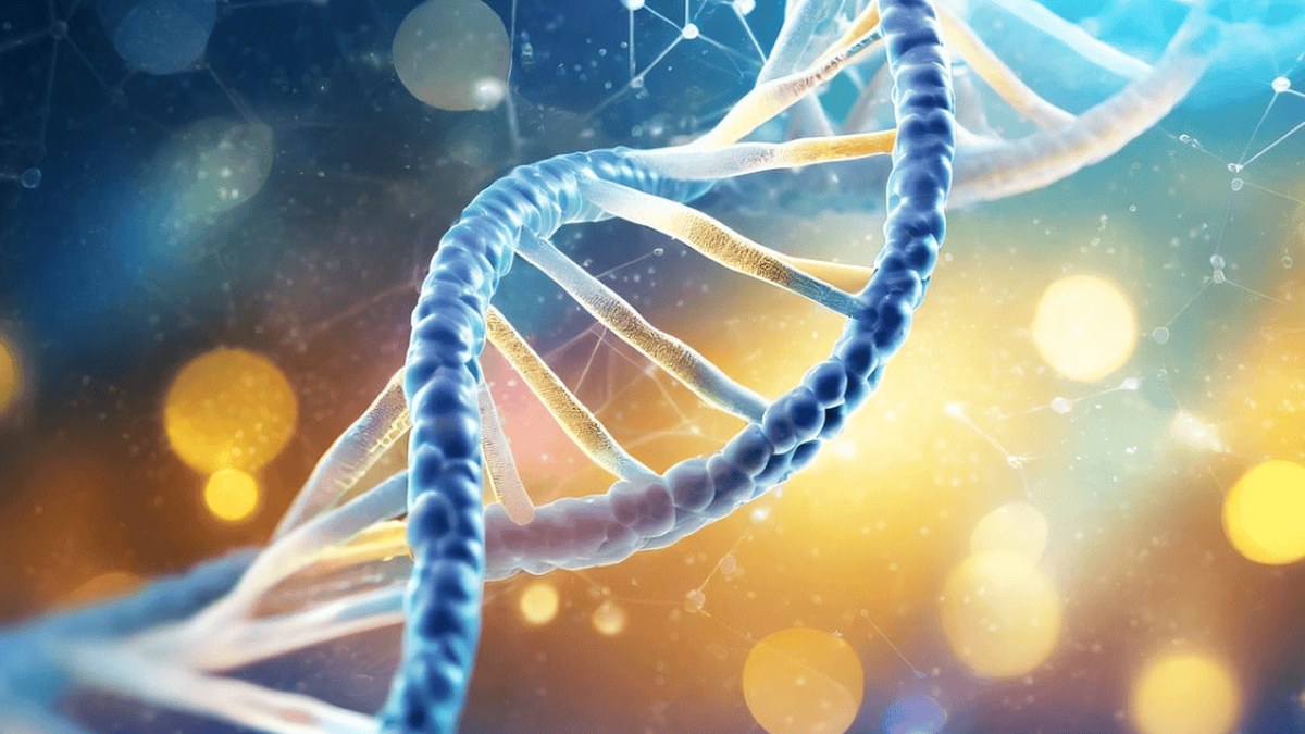 A glowing blue DNA double helix against a warm, softly lit background of light particles, representing genetic testing and heredity.