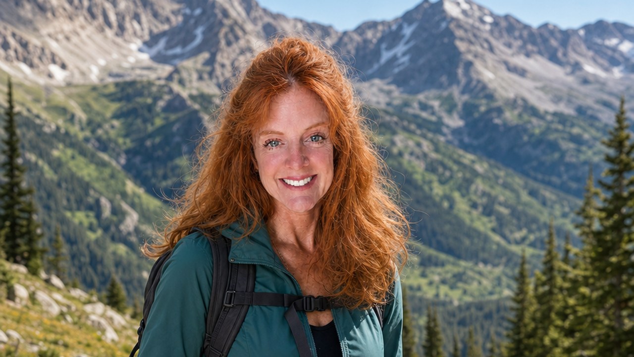 Annette Thompson, red-haired and smiling with trekking poles, hiking a Colorado mountain trail, representing energy and drive.