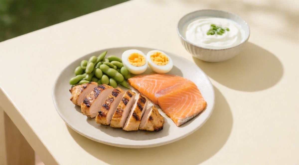 A plate with grilled chicken, salmon, hard-boiled egg, edamame, and a bowl of Greek yogurt, each a roughly 30 gram protein serving