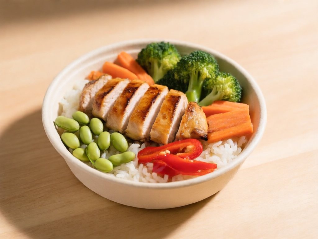 A colorful high-protein teriyaki chicken power bowl with rice, broccoli, carrots, and edamame